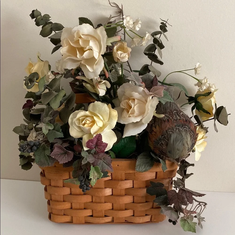 Elegant Cream faux Floral  arrangement Basket with Bird Cottagecore